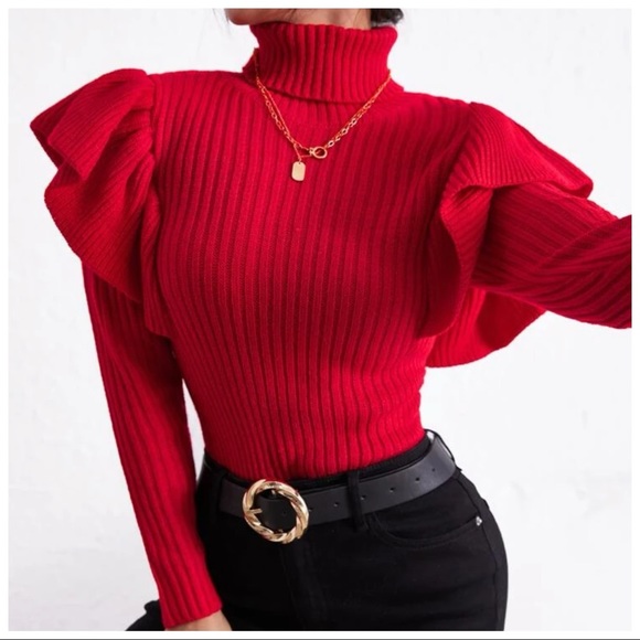 The Arti Red Ruffle Turtleneck Sweater - Picture 3 of 9